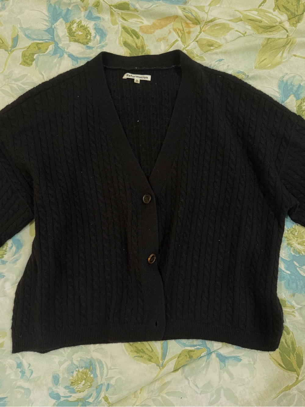 Reformation Black Cable Knit Button-Front Cardigan